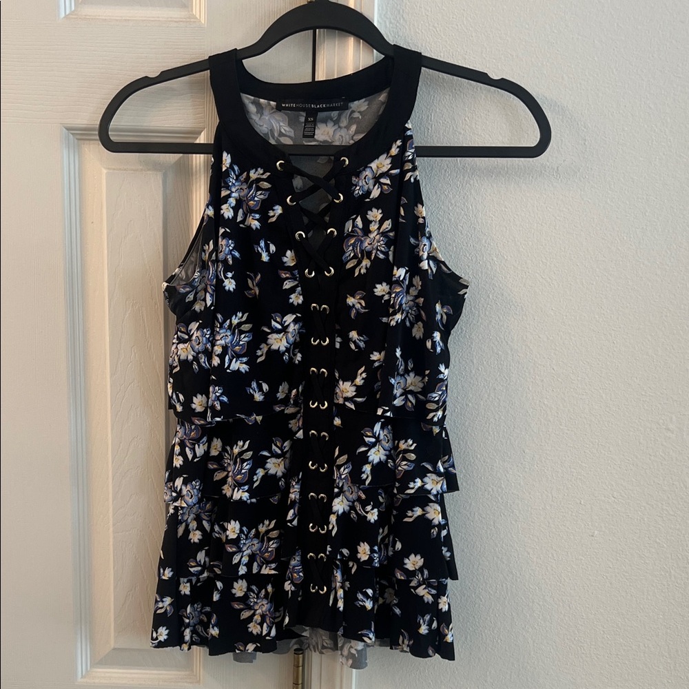 White House Black Market Black and Blue Floral Tank Top